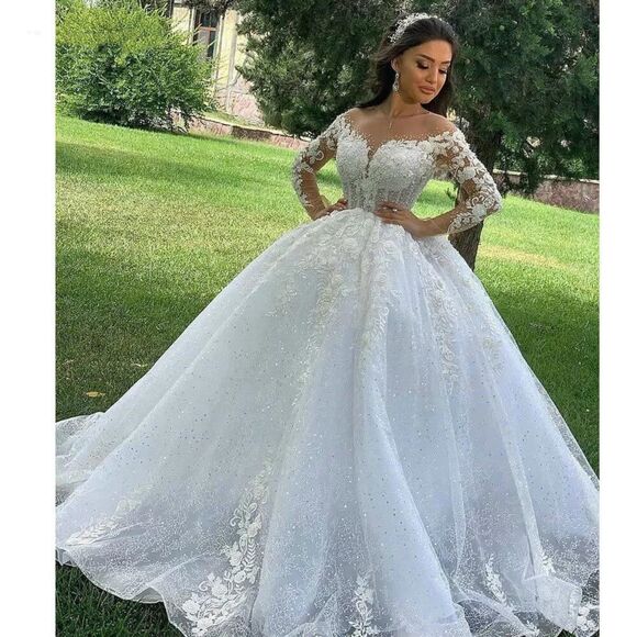 IS-NWT US18W Princess Wedding Dress O Neck Long Sleeves Lace Up Appliques Beaded - Picture 1 of 7